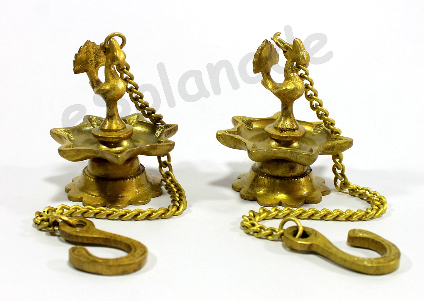 Esplanade Brass Peacock Wall Hanging Diya Oil Lamp with Chain - Set of 2 - 3.5" Inches (H) Small - Golden