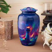 Esplanade Metal Urn for Ashes Adult Male Female – 10" Cremation Urn for Human Ashes, Full Size Large Urn, Aurora Northern Lights Lighthouse Blue Colour, Funeral Vase with Velvet Bag - for 80kg Adult