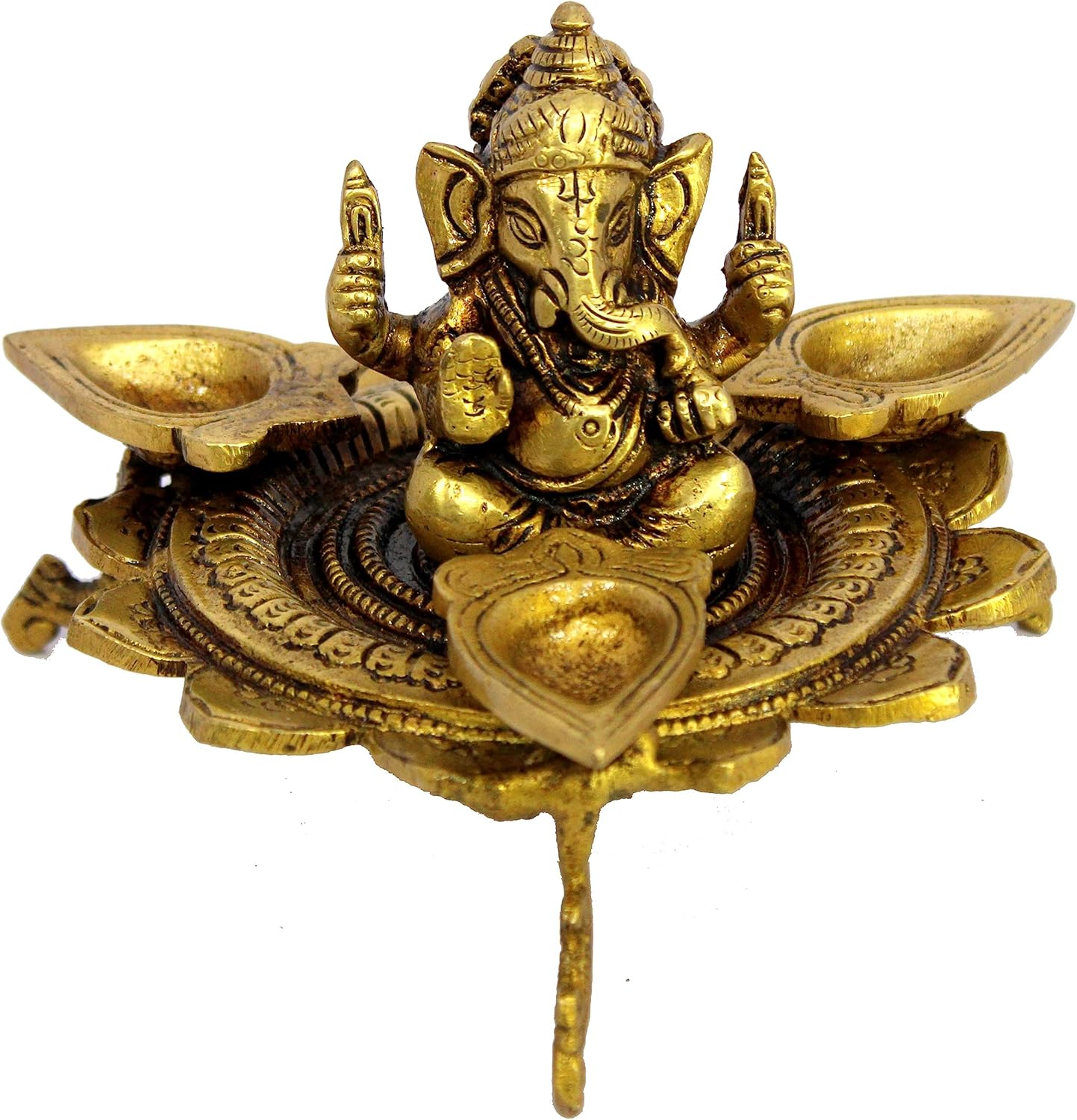 eSplanade Brass Ganesha Ganesh Murti Idol on Lotus with Three Leaves Design Diya Deepak Showpiece - Golden - 4" Inches