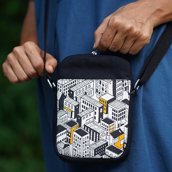 SKAPADORO Canvas Mobile Cross Body Black Sling Bag for Men & Women,100% Cotton, Zip Closure, Pocket, Adjustable Strap, Compact Everyday Bag - City (Black & White)