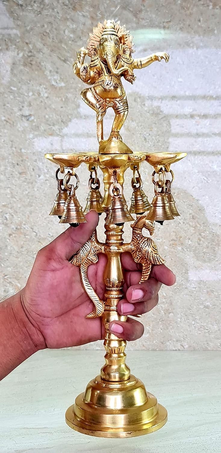 Brass Ganesh Ganesha Oil Lamp | Home Decor | Brass Diya | Brass Deepam | Brass Lamps | Kuthu Vilakku | Lamps for Home and Office - 16.5" Inches - Big Size