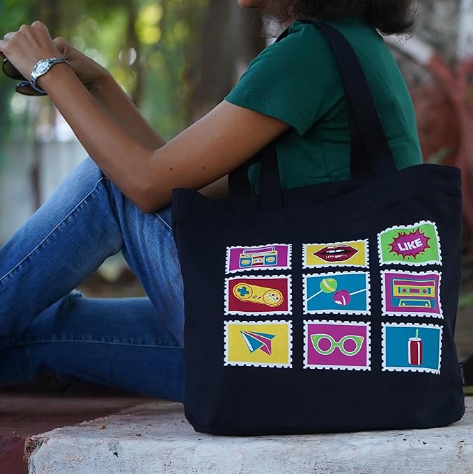 SKAPADORO Canvas Big Zip Printed Handbag Tote,100% Cotton, Inner pocket, Ecofriendly Bag for Women, Travel College Beach Shopping, Easy to Wash Everyday Shoulder Bag - Quirky Desi Graphic Designs