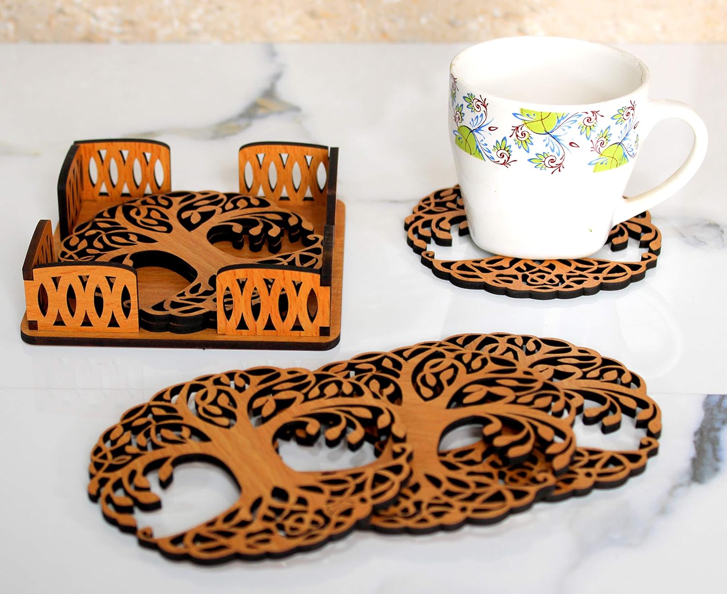 Esplanade Wooden Coasters for DIY Activities,Craft,Decoupage,Painting,Resin Work - 6 Coasters with Holder (Kalpavriksha Tree of Life Design)
