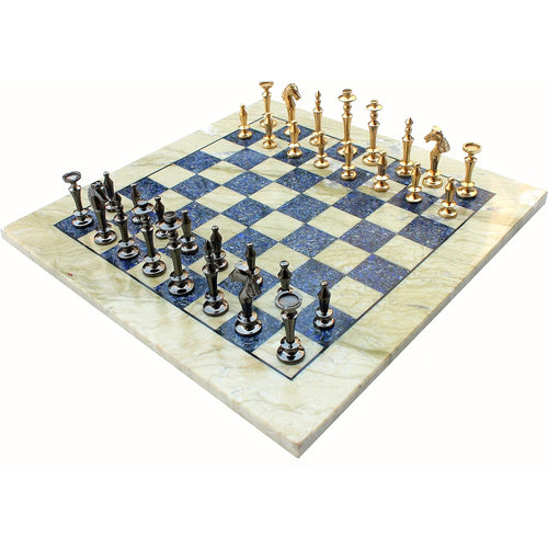 StonKraft Collectible Australian Marble and Lapis Lazuli Chess Board Set + Brass Chess Pieces Pawns - Decorative Stone Chess - 15