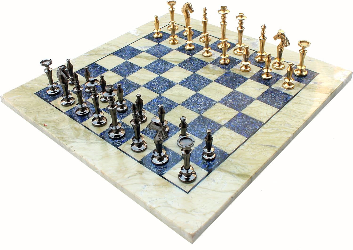 StonKraft Collectible Australian Marble and Lapis Lazuli Chess Board Set + Brass Chess Pieces Pawns - Decorative Stone Chess - 15" Inches