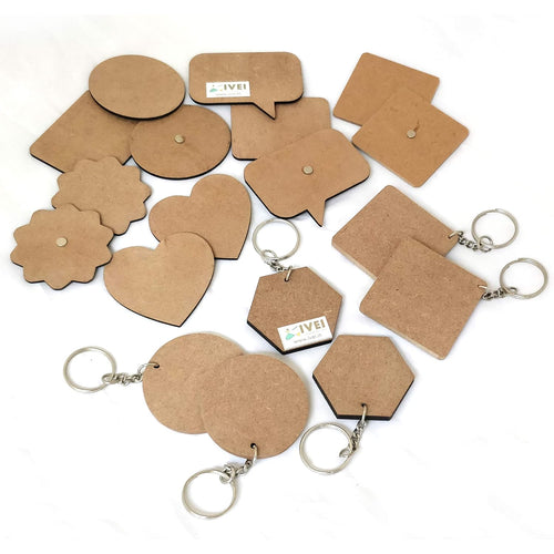 IVEI MDF Plains/Resin Pour Blanks DIY Mixed Bag - 12 Magnets and 6 Keyrings for Craft and Activities/Decoupage