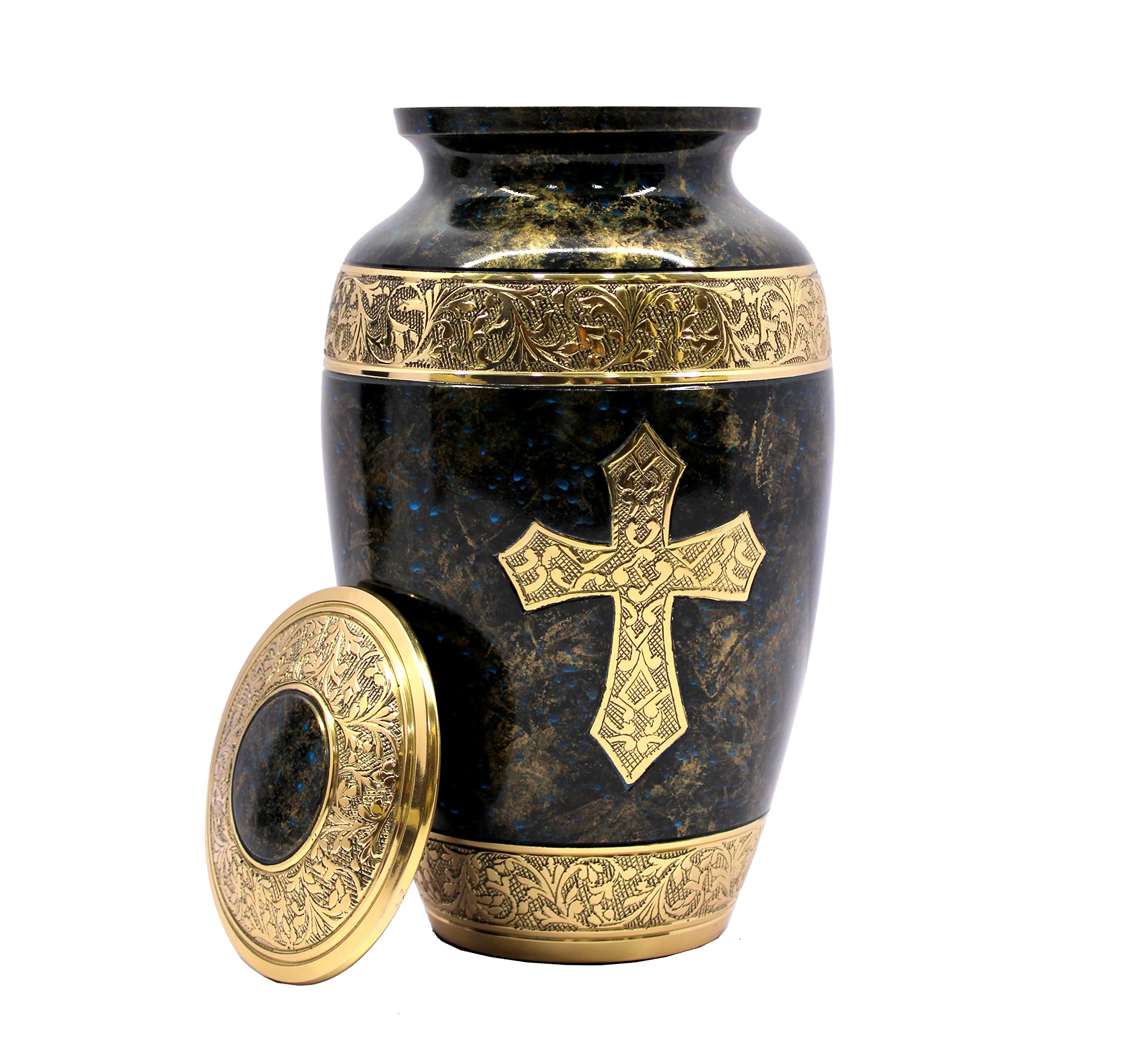eSplanade Brass Cremation Urn Memorial Jar Pot Container | Full Size Urn for Funeral Ashes Burial | Holy Cross Printed Urn | Black - 10" Inches