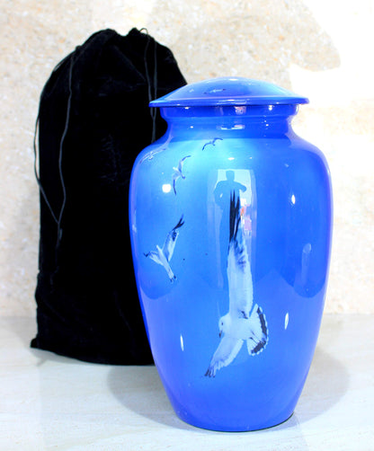 eSplanade Metal Cremation Urn Memorial Jar Pot Container | Full Size Urn for Funeral Ashes Burial | Seagull Printed Urn | Blue - 10" Inches