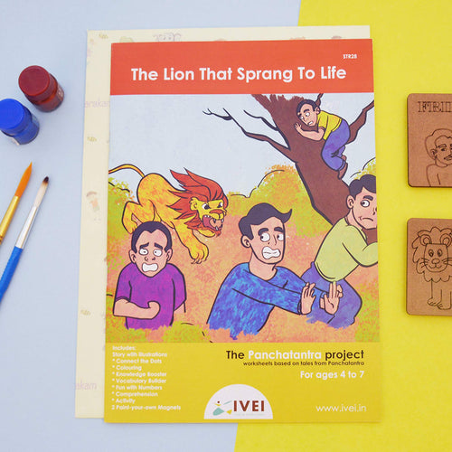 IVEI Panchatantra Story Kids Learning Book - Workbook and 2 DIY magnets - Colouring Activity Worksheets - Creative Fun Activity and Education For Kids - The Lion That Sprang To Life - Age 4 to 7 Years