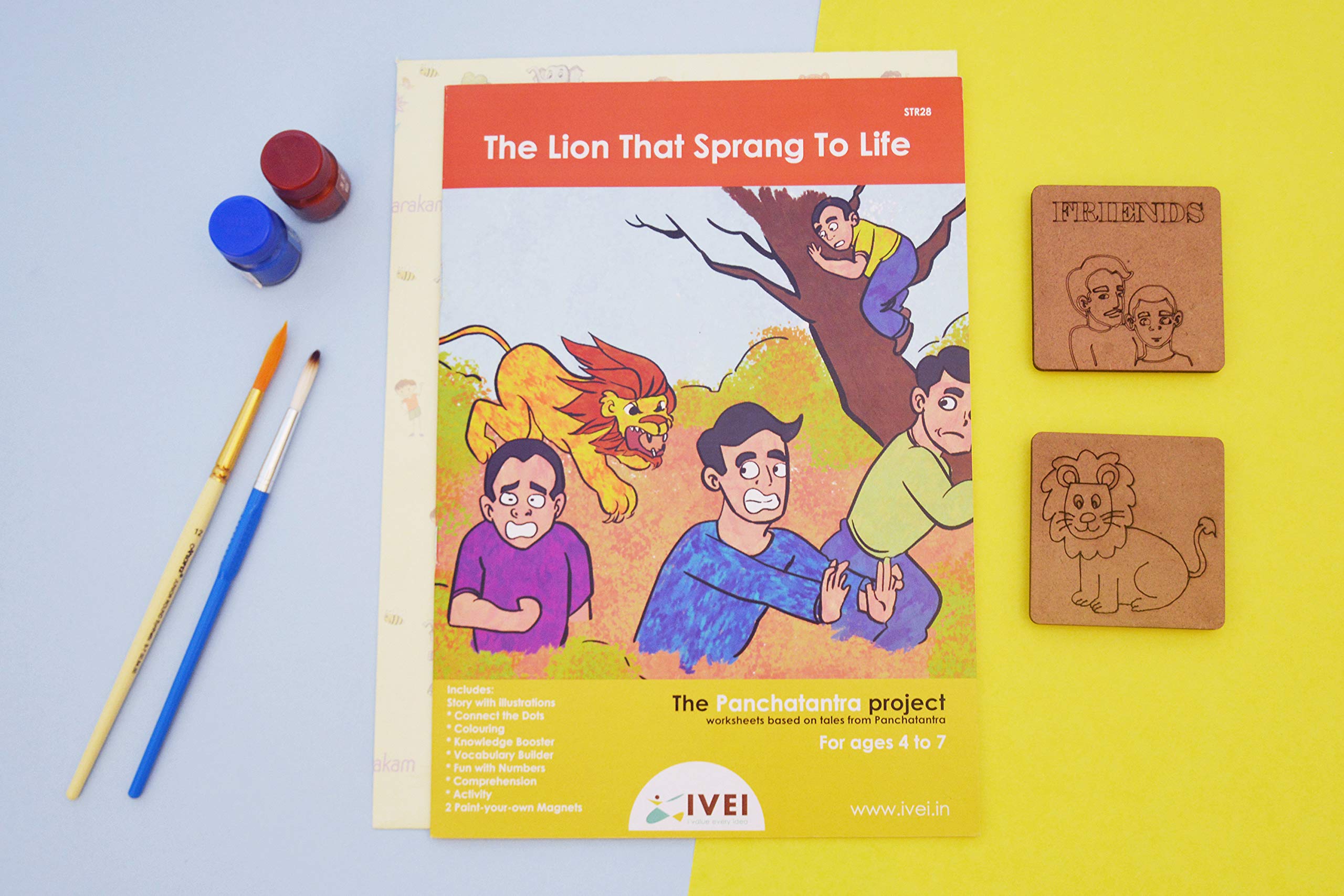 IVEI Panchatantra Story Kids Learning Book - Workbook and 2 DIY magnets - Colouring Activity Worksheets - Creative Fun Activity and Education For Kids - The Lion That Sprang To Life - Age 4 to 7 Years