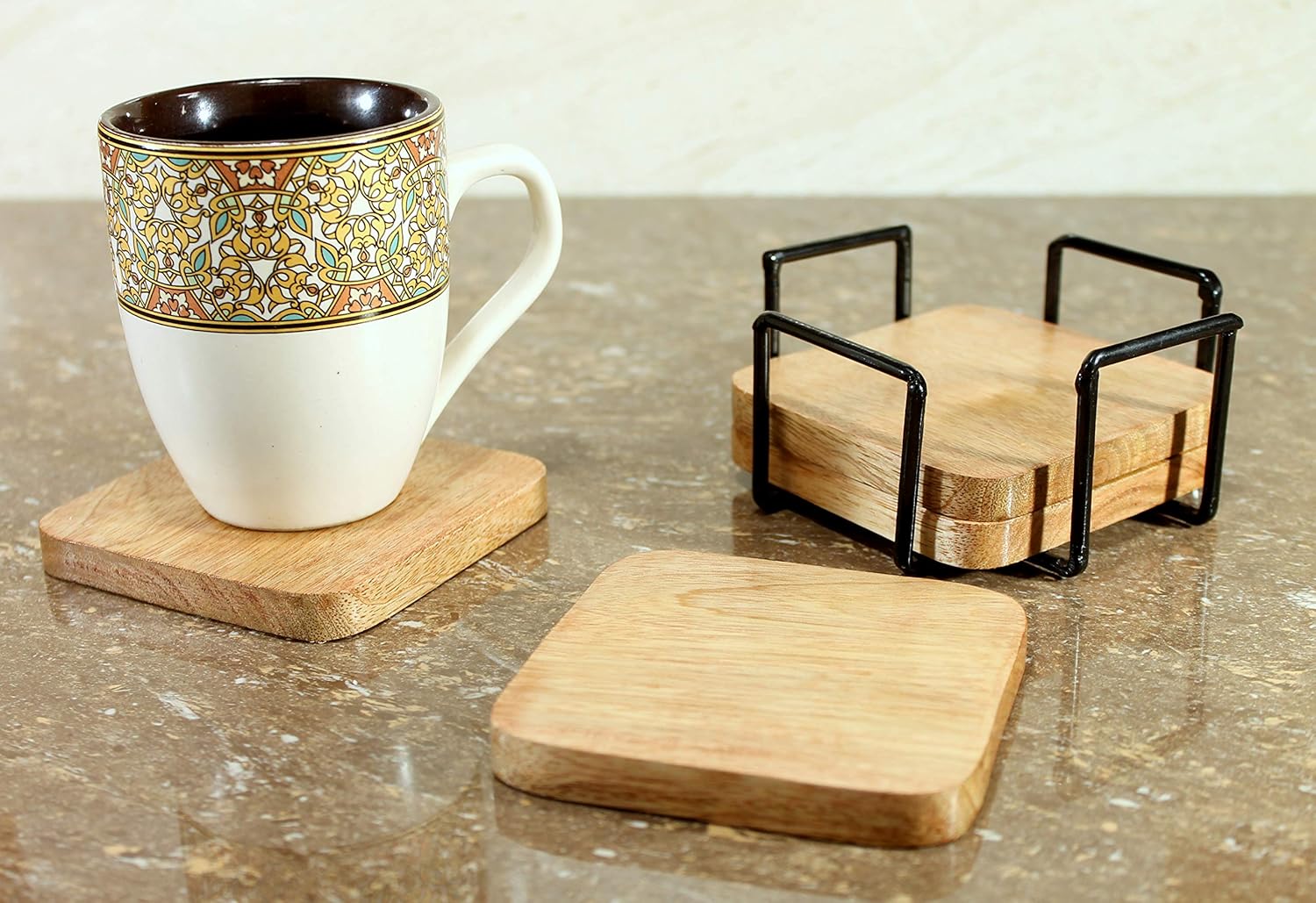 StonKraft Wood Wooden Tea Coffee Coasters Coaster Set Coasters with Wrought Iron Holder (4 In Square with Iron Holder)