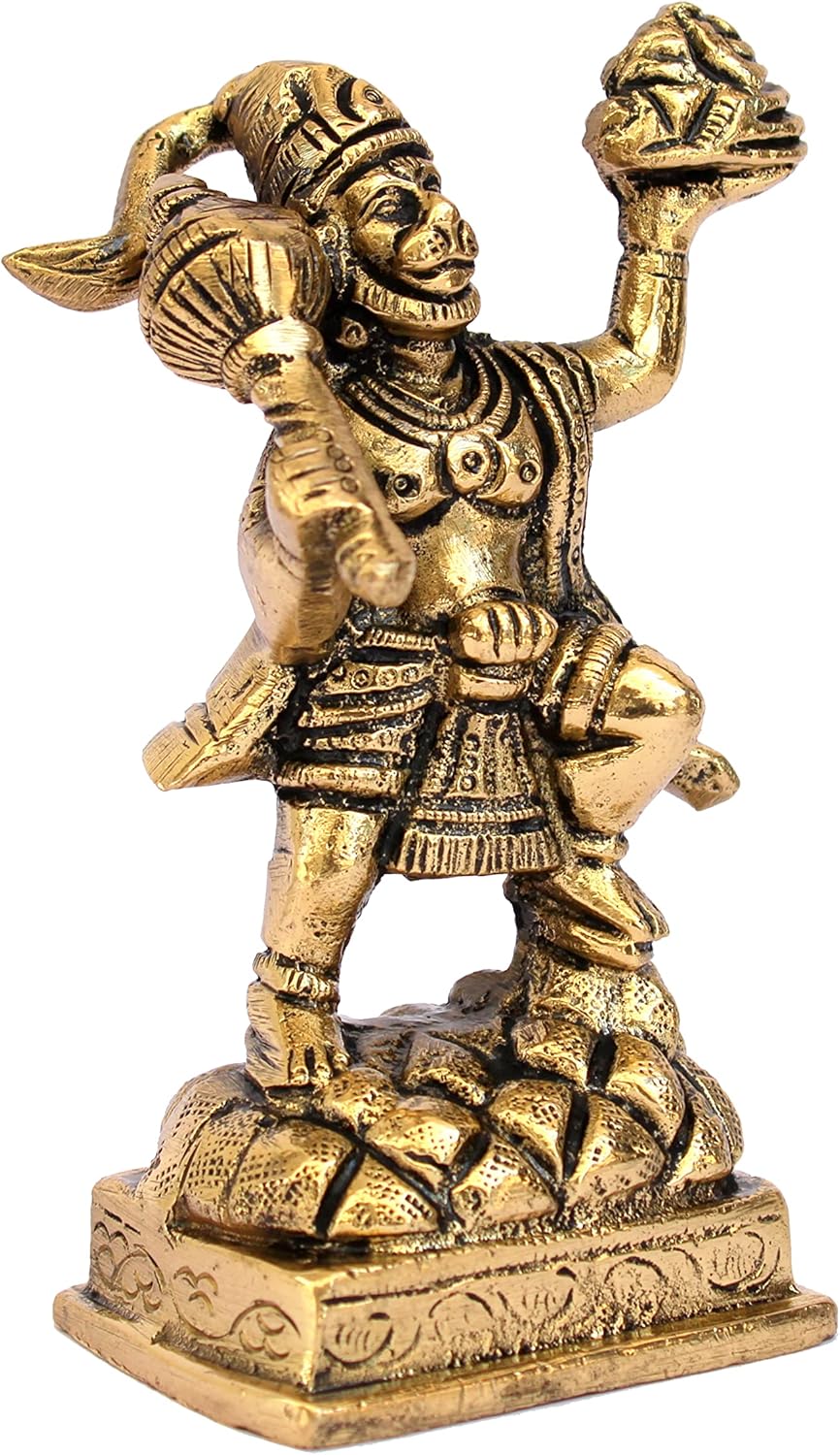 ESPLANADE Brass Hanuman Bajrangbali Anjeneya Pavan Putra Murti Idol Statue Murti Figurine - Home Decor - Golden - 4" Inches