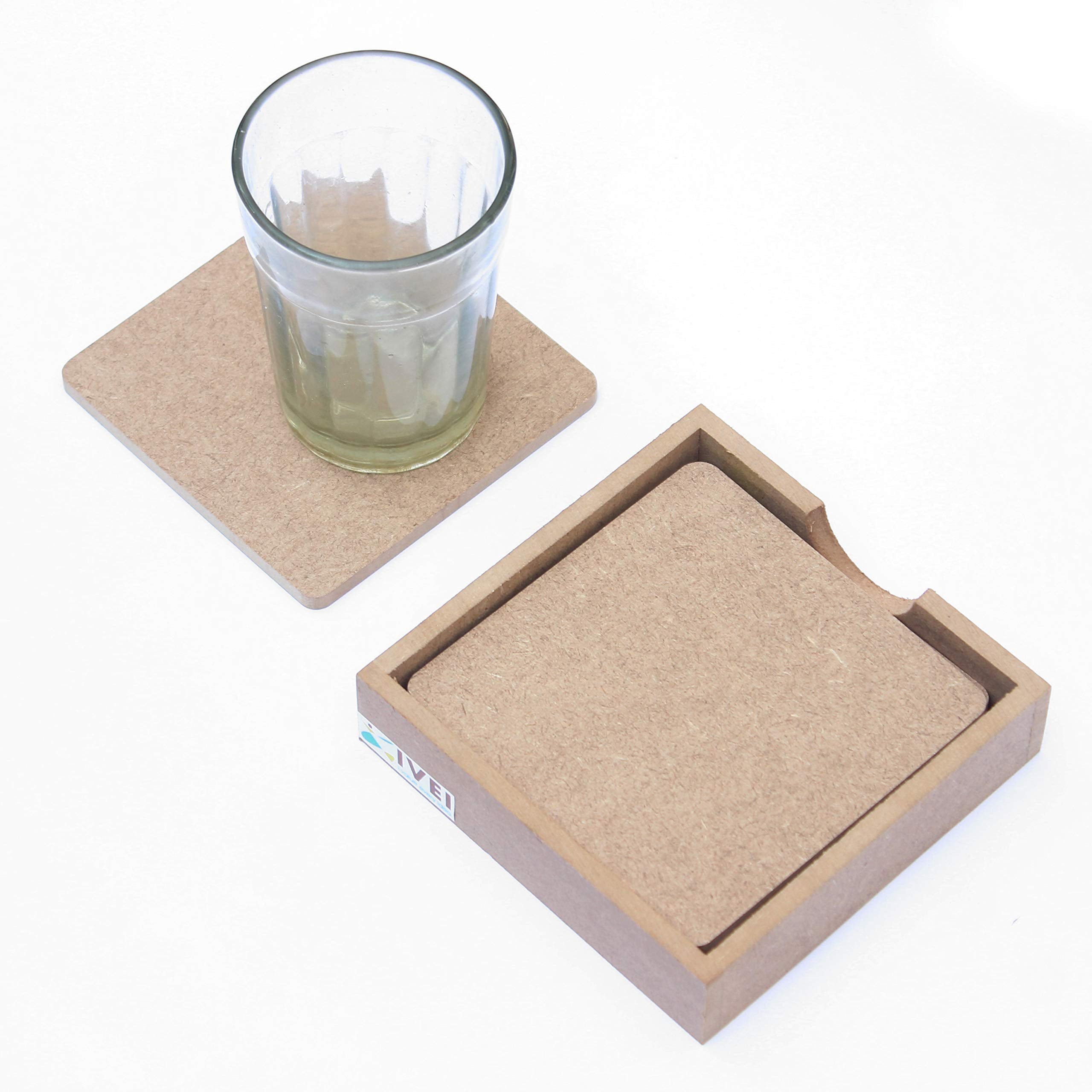 IVEI MDF DIY Square Coasters with Holder - MDF Plain Wooden Coasters & Holder Blank Cutouts for Painting Wooden Sheet Craft, Decoupage, Resin Art Work & Decoration - Set of 4 (3.5in X 3.5in)