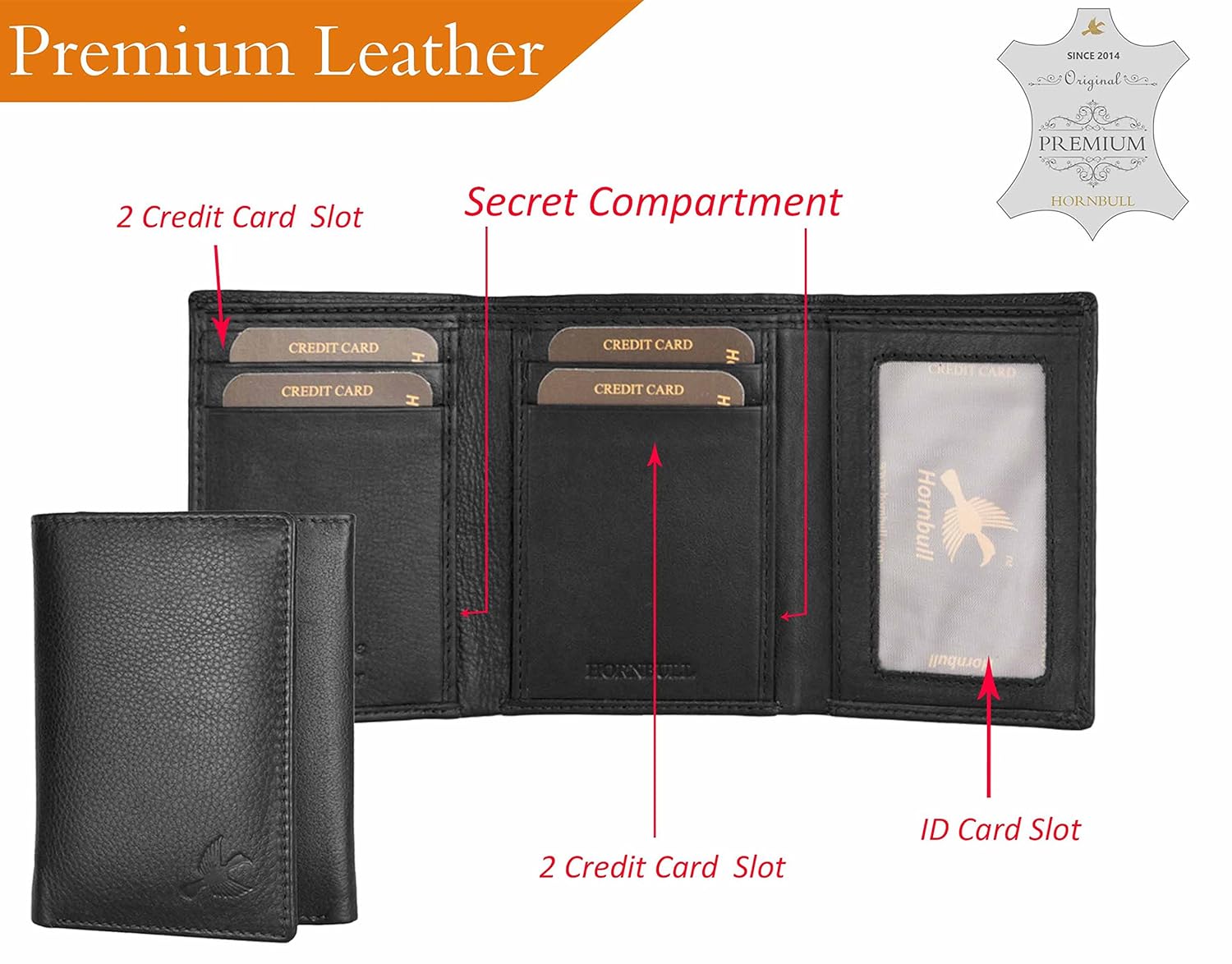 HORNBULL Men's Genuine Leather Leather Black Tri Fold RFID Blocking Wallet