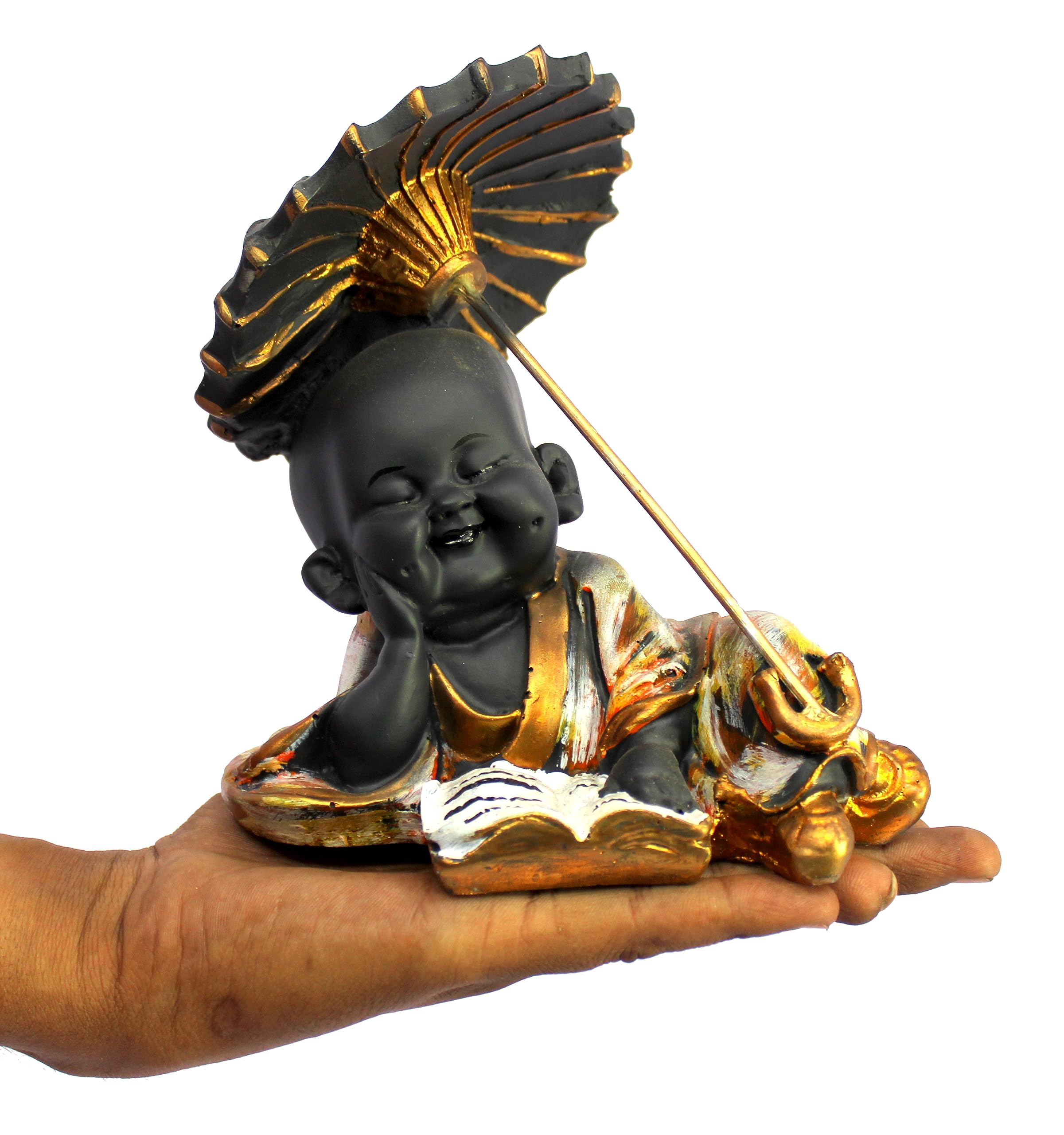 eSplanade Happy Buddha Monk Statues with Umbrella | Feng Shui Monk Figurine Showpiece - Set of 3 - Home Decor | Resin - Multi - 6.75" Inches