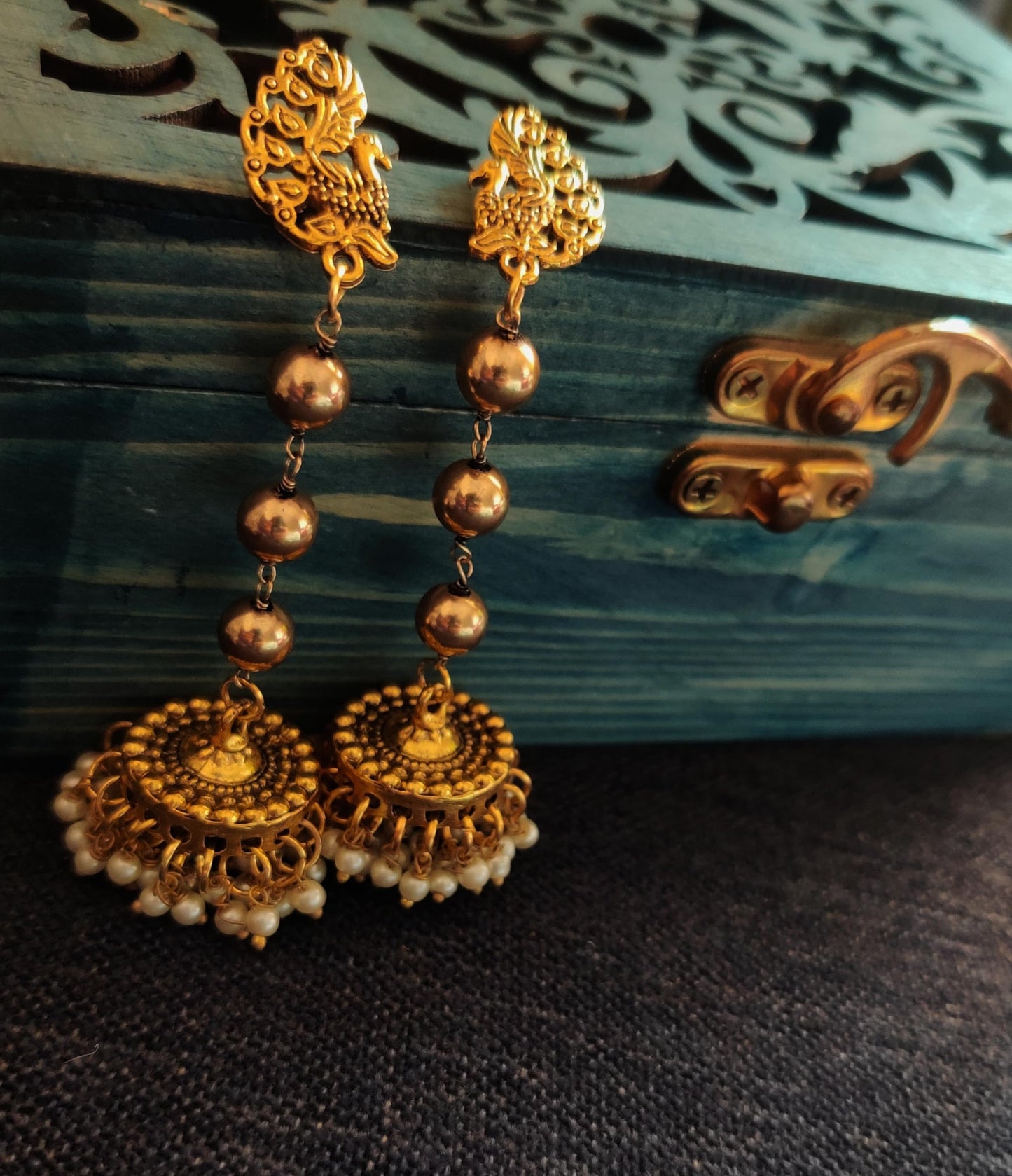 Binnis wardrobe Dual-Toned textured long jhumka with hanging pearl handcrafted earrings