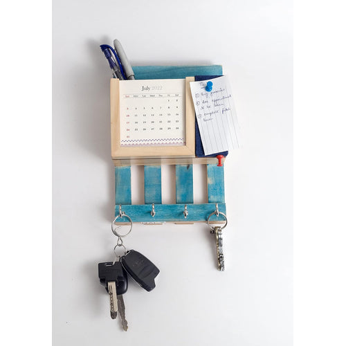 IVEI Warli Wooden Multi Utility Key Hooks with 2025 Paper Calendar, Letter Holder & Mini Blue Colour Pin Board - Unique Wall Hanging Key Stand - Calendar with Key Holder for Office, School, Home
