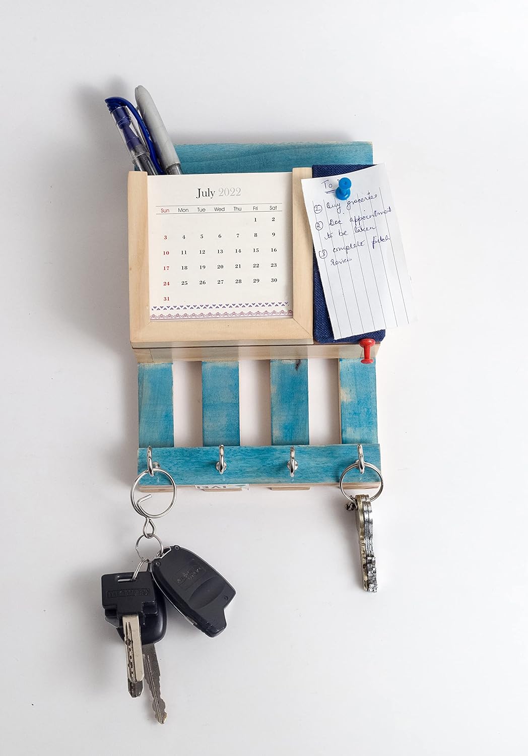 IVEI Warli Wooden Multi Utility Key Hooks with 2025 Paper Calendar, Letter Holder & Mini Blue Colour Pin Board - Unique Wall Hanging Key Stand - Calendar with Key Holder for Office, School, Home