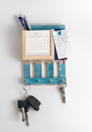 IVEI Warli Wooden Multi Utility Key Hooks with 2025 Paper Calendar, Letter Holder & Mini Blue Colour Pin Board - Unique Wall Hanging Key Stand - Calendar with Key Holder for Office, School, Home