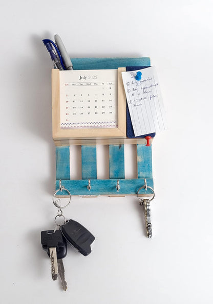 ESPLANADE Warli Wooden Multi Utility Key Hooks with 2025 Paper Calendar, Letter Holder & Mini Blue Colour Pin Board - Unique Wall Hanging Key Stand - Calendar with Key Holder for Office, School, Home