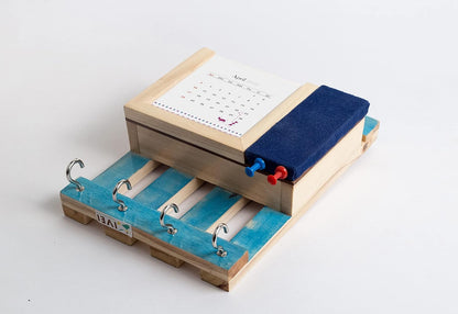 ESPLANADE Warli Wooden Multi Utility Key Hooks with 2025 Paper Calendar, Letter Holder & Mini Blue Colour Pin Board - Unique Wall Hanging Key Stand - Calendar with Key Holder for Office, School, Home