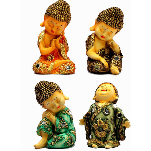 eSplanade Smiling Happy Baby Buddha Monk Statues | Feng Shui Monk Figurine Showpieces - Set of 4 | Home Decor | Resin - 7