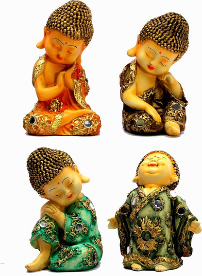 eSplanade Smiling Happy Baby Buddha Monk Statues | Feng Shui Monk Figurine Showpieces - Set of 4 | Home Decor | Resin - 7" Inches - Multi