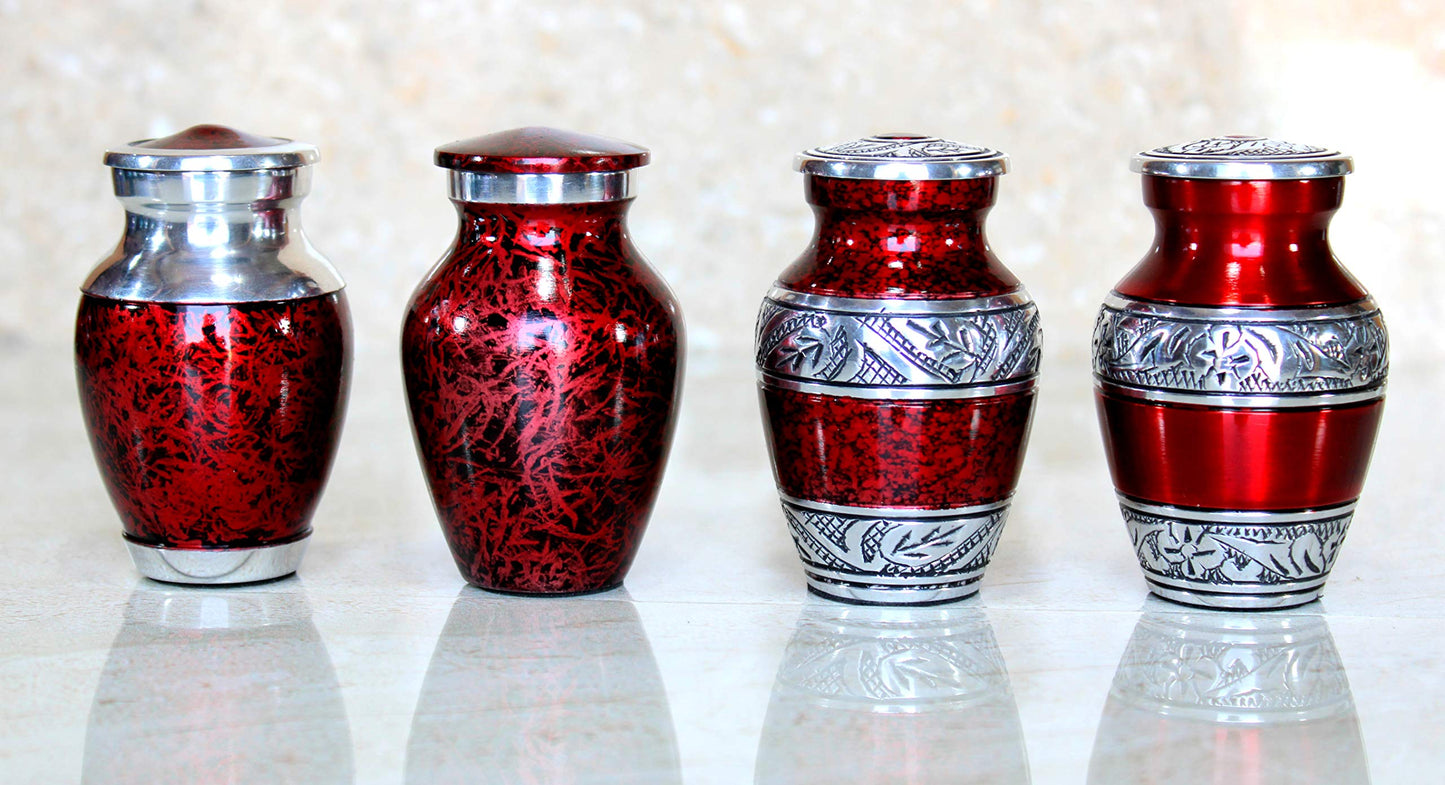 eSplanade Metal Mini Cremation Urn Keepsake Memorial Jar Pot Container - Set of 4 | Small Urns for Funeral Ashes Burial | Engraved and Textured Keepsakes | Red - 3" Inches