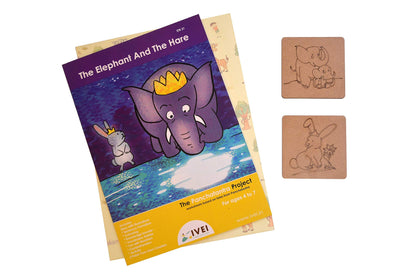 IVEI Panchatantra Kids Learning Book - Workbook and 2 DIY coasters of Panchatantra Story - Colouring Activity Worksheets - Creative Fun Activity and Education For Kids - The Elephant and the Hare