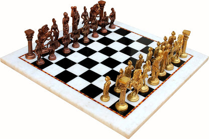 Stonkraft Collectible White & Black Marble Chess Board Set + Brass Roman Pieces - Decorative Stone Chess - Home DŽcor - 15" Inches