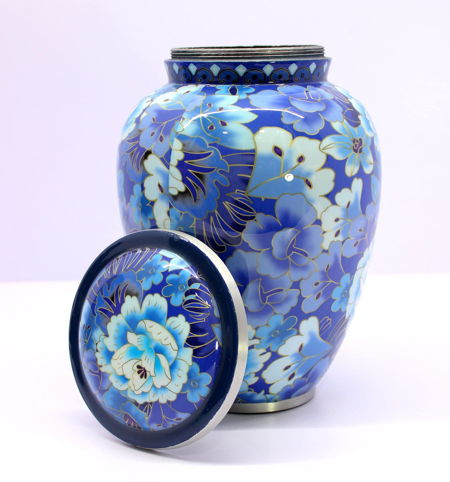 eSplanade Metal Cremation Urn Memorial Jar Pot Container | Full Size Urn for Funeral Ashes Burial | Flowers Printed Urn | Blue - 10" Inches