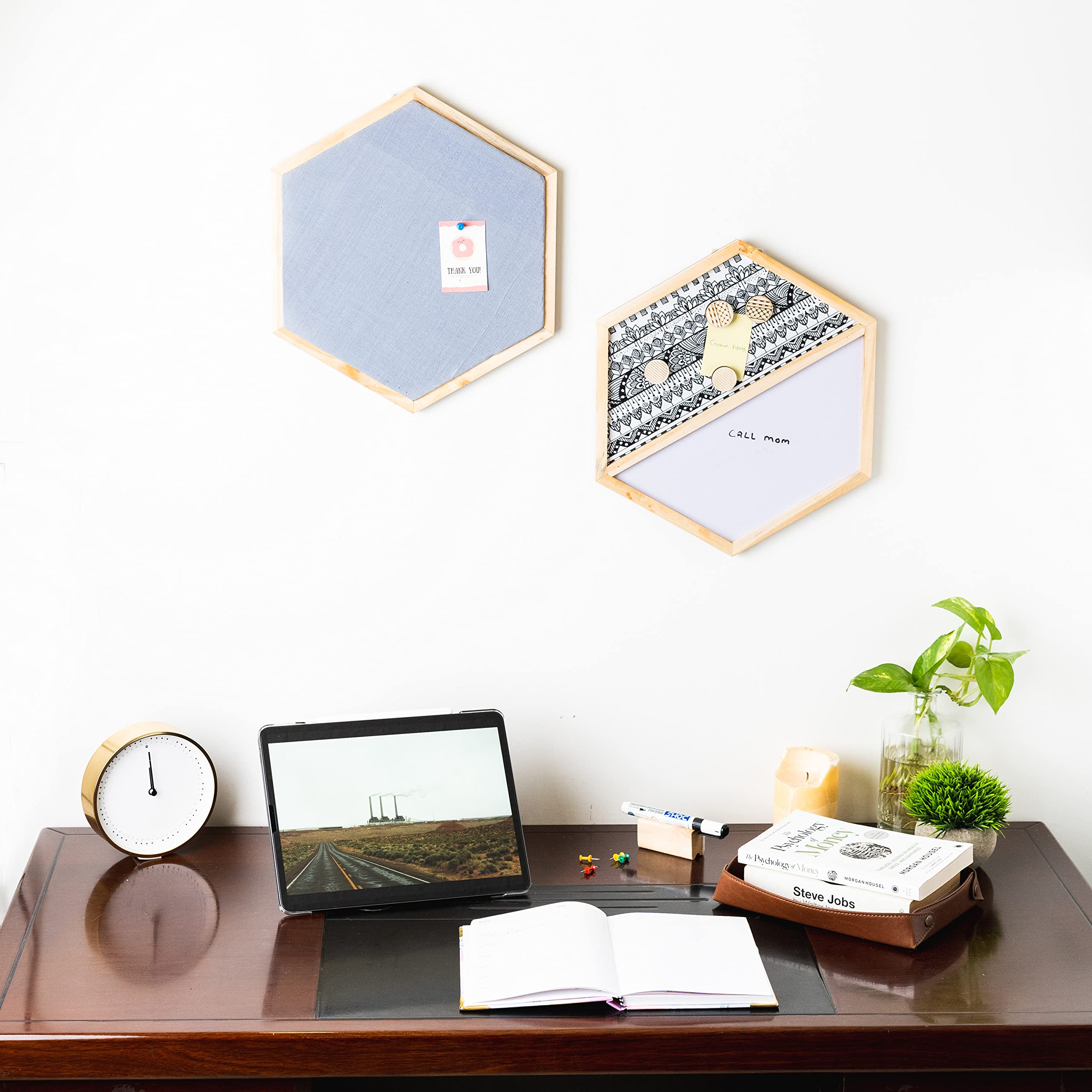 IVEI Hexagon Shaped Combination Board with Magnet Board, Pin Board & Whiteboard - Set of 2 - Innovative Organizer for Kids and Adults with Magnets to Do Boards Gift for Home, Office- Dark blue, Grey, Pink, Yellow