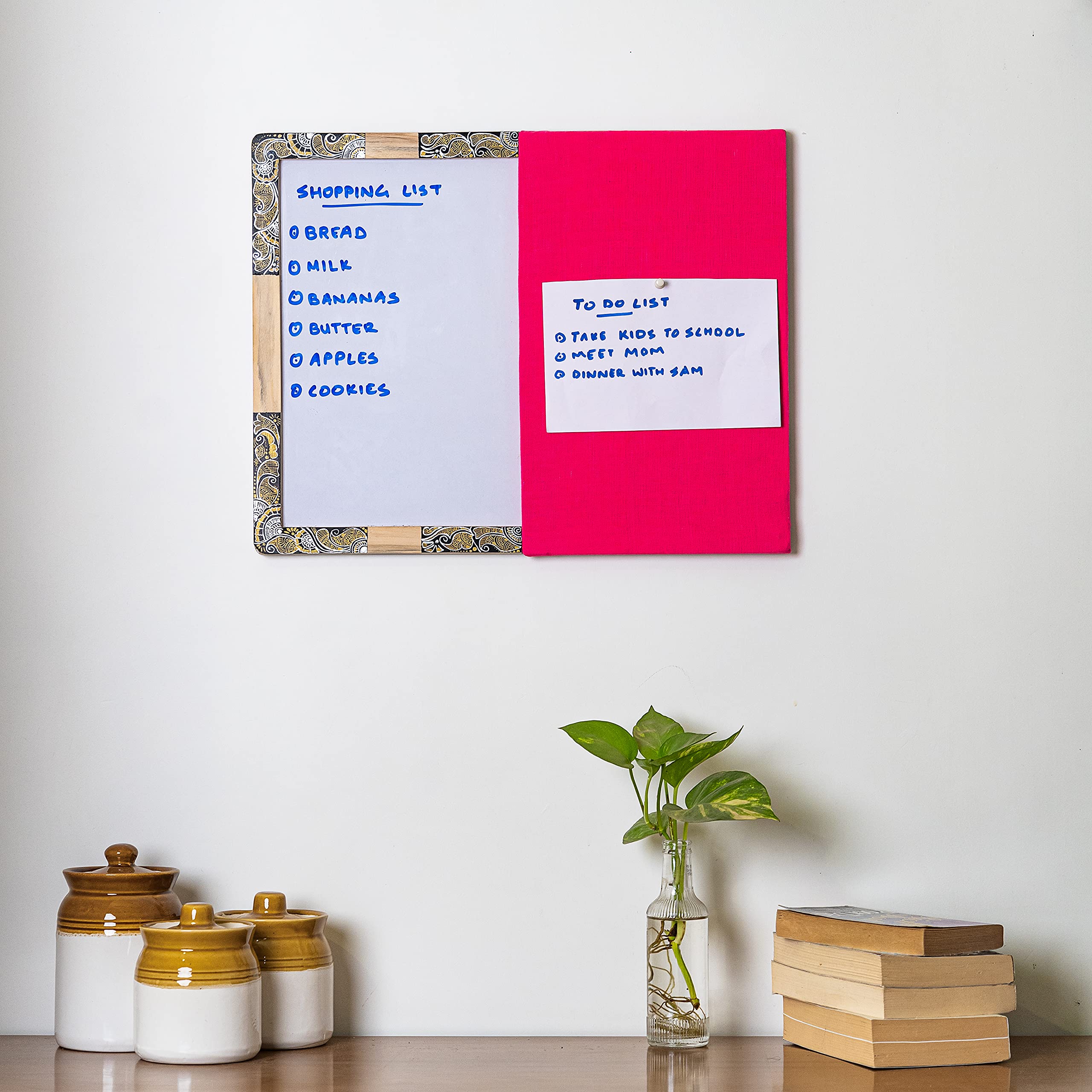 IVEI Pink pin Board and whiteboard Combination - Dry Erase Board - Bulletin Board - Innovative Organizer - Writing Board for Adults - with a Hand Painted Wooden Frame