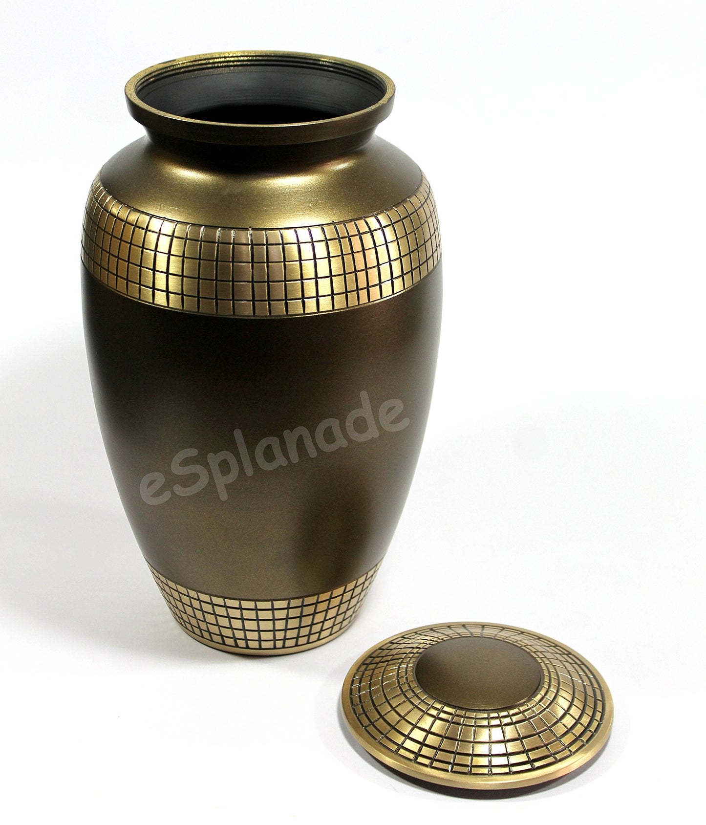 eSplanade Brass Cremation Urn Memorial Jar Pot Container | Full Size Urn for Funeral Ashes Burial | Golden Engraved Metal Urn | Matt Brown - 10" Inches