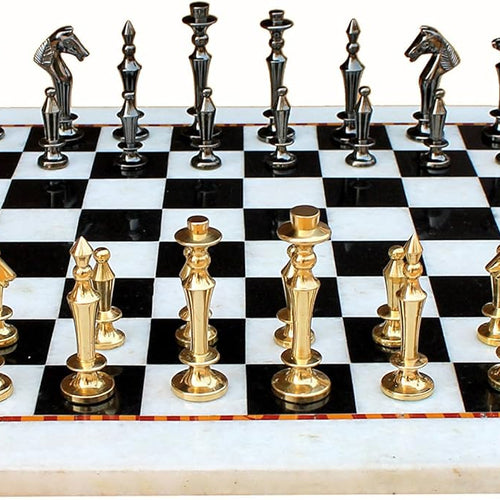 StonKraft Collectible White & Black Marble Chess Board Set + Brass Chess Pieces Pawns - Decorative Stone Chess - Home Decor - 15