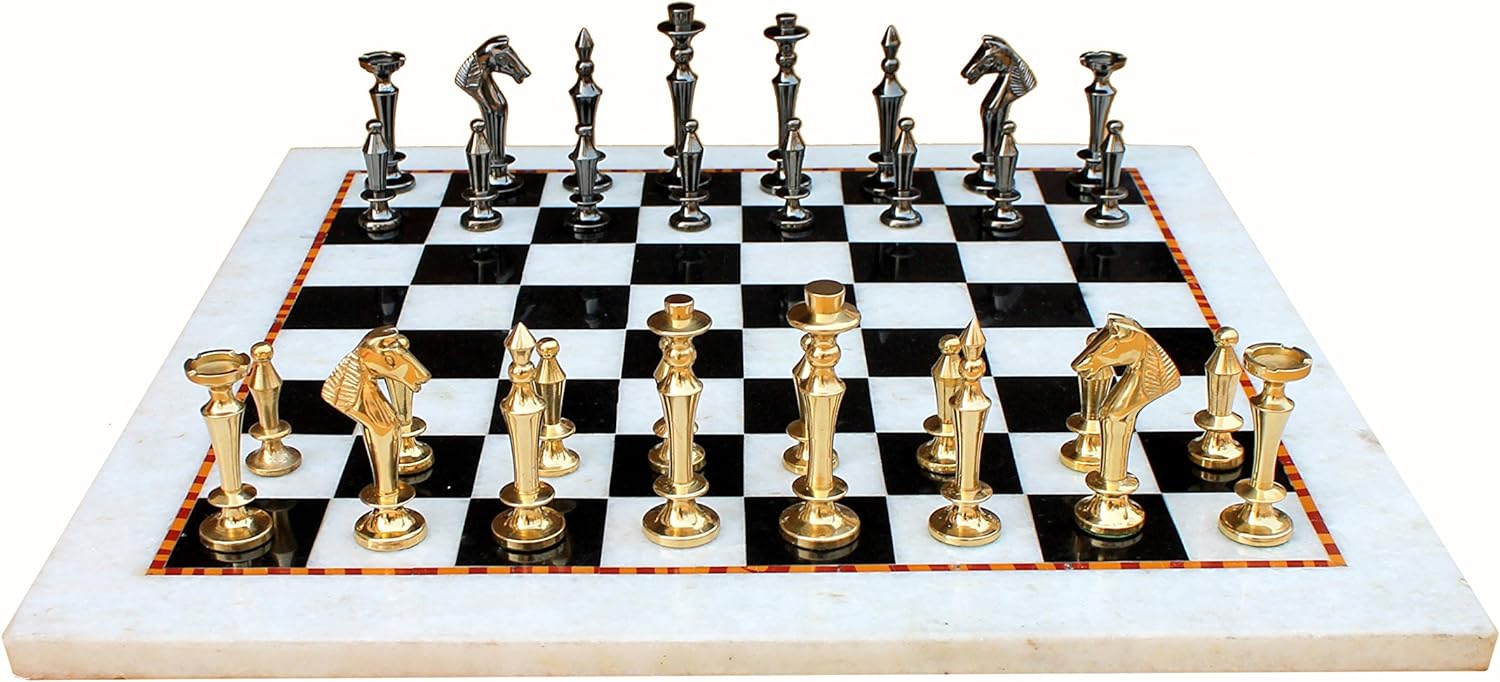 StonKraft Collectible White & Black Marble Chess Board Set + Brass Chess Pieces Pawns - Decorative Stone Chess - Home Decor - 15" Inches