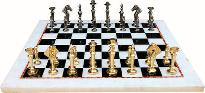 StonKraft Collectible White & Black Marble Chess Board Set + Brass Chess Pieces Pawns - Decorative Stone Chess - Home DŽcor - 15" Inches