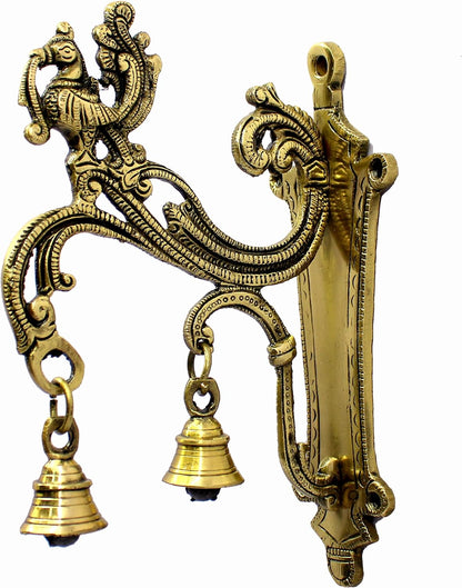 eSplanade Brass Wall Bracket Wall Hanger for Hanging Diya Lamp | Wall Decor | Peacock with Bells - 8.5" Inches