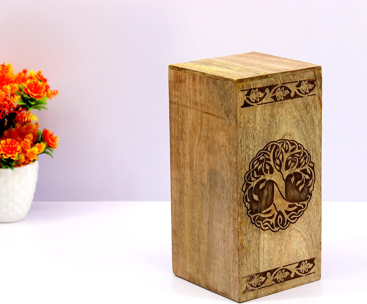 eSplanade Wooden Cremation Urn Memorial Jar Pot Container | Full Size Urn for Funeral Ashes Burial | Tree of Life Engraved Wooden Urn | Beige & Brown- 10" Inches