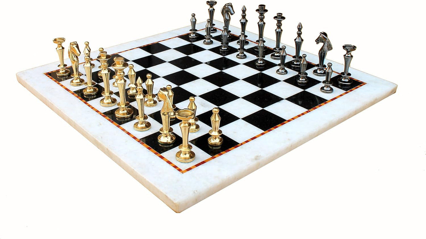 StonKraft Collectible White & Black Marble Chess Board Set + Brass Chess Pieces Pawns - Decorative Stone Chess - Home DŽcor - 15" Inches