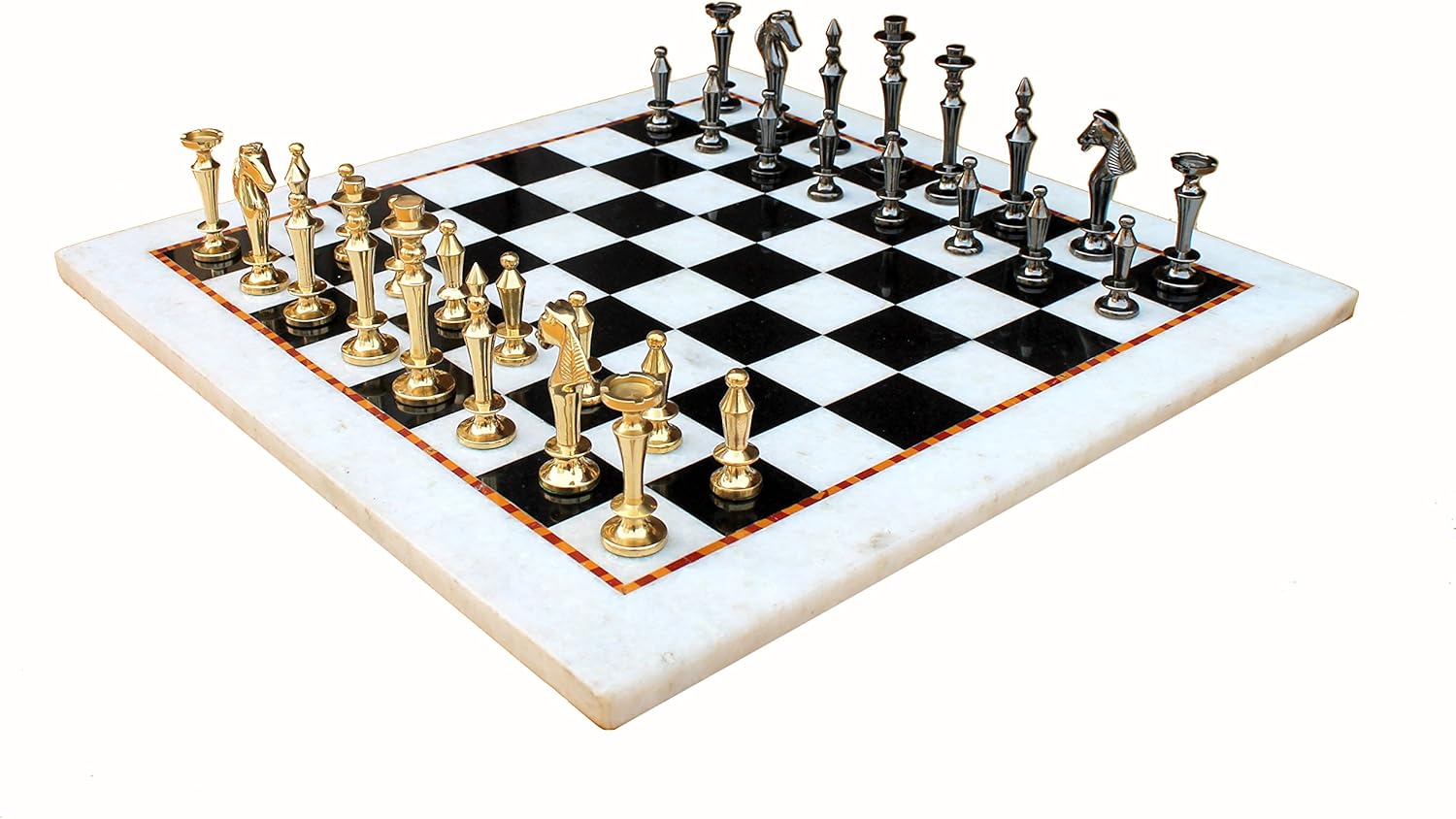 StonKraft Collectible White & Black Marble Chess Board Set + Brass Chess Pieces Pawns - Decorative Stone Chess - Home Decor - 15" Inches