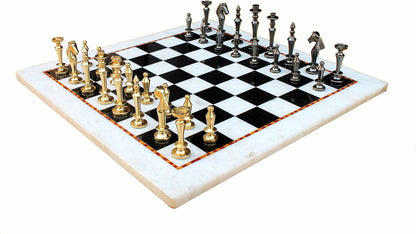 StonKraft Collectible White & Black Marble Chess Board Set + Brass Chess Pieces Pawns - Decorative Stone Chess - Home DŽcor - 15" Inches