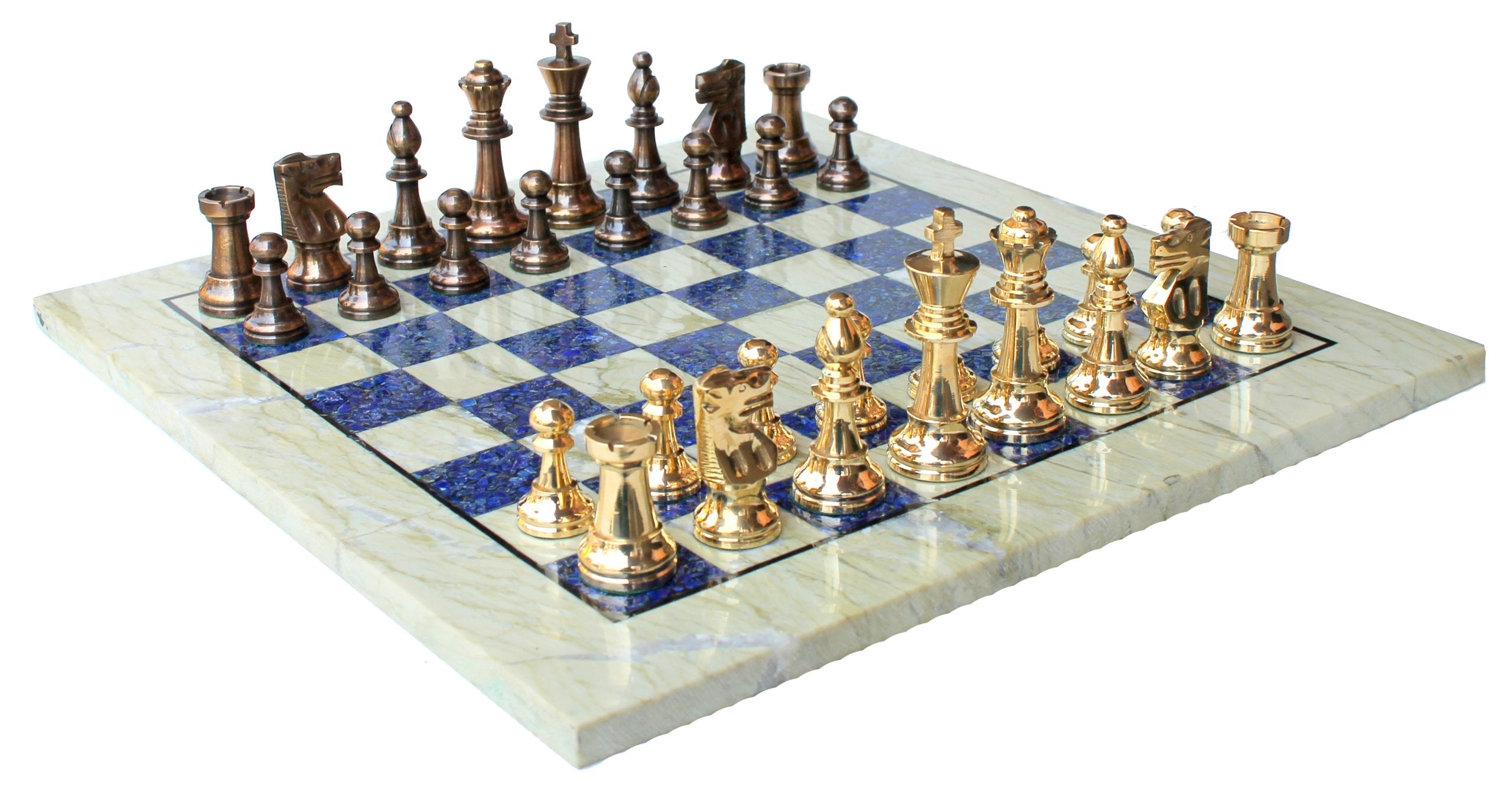 StonKraft Collectible Australian Marble and Lapis Lazuli Chess Board Set + Brass Chess Pieces Pawns - Decorative Stone Chess - 15" Inches