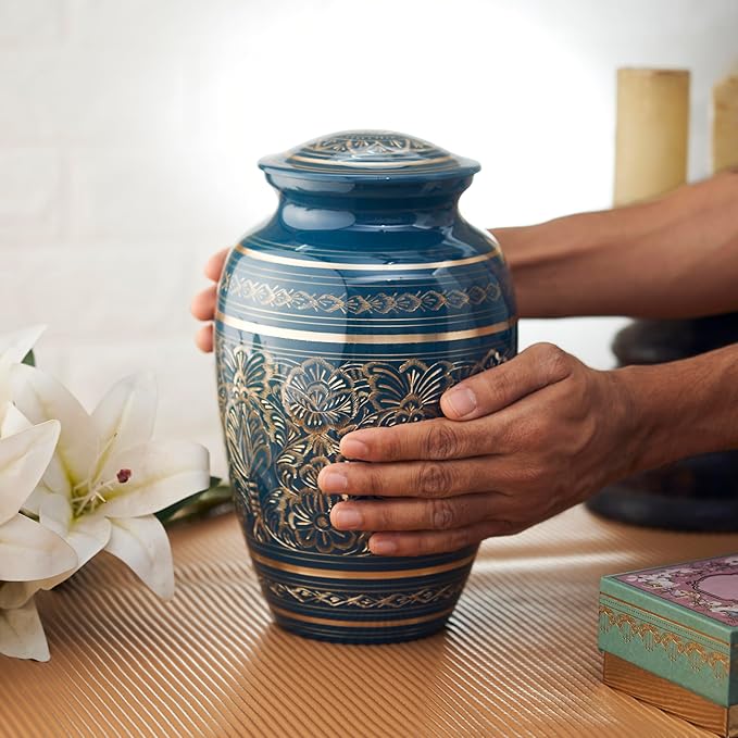 Esplanade Brass Urn for Ashes Adult Male Female – 9" Cremation Urn for Human Ashes, Full Size Large Urn, Geometric Floral Navy Blue Colour, Funeral Vase with Velvet Bag - for 65kg Adult