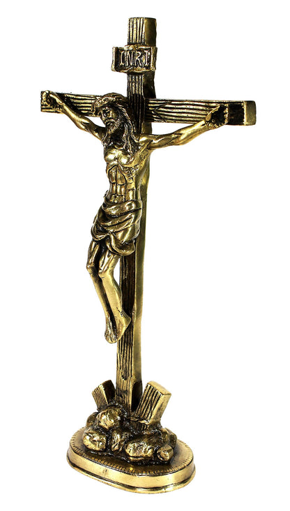 eSplanade Brass Christian Cross Jesus Christ Statue in Antique Finish (11" & 12" Jesus Cross)