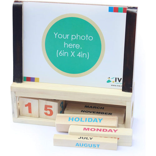 IVEI Wooden Desk Calendar with Photo Frame - Utility Desk Calendar - Wooden Perpetual Calendar Set for Desk Decor, Study Room- Endless Calendar with Photo Frame for Office, School, Home - Brown Finish