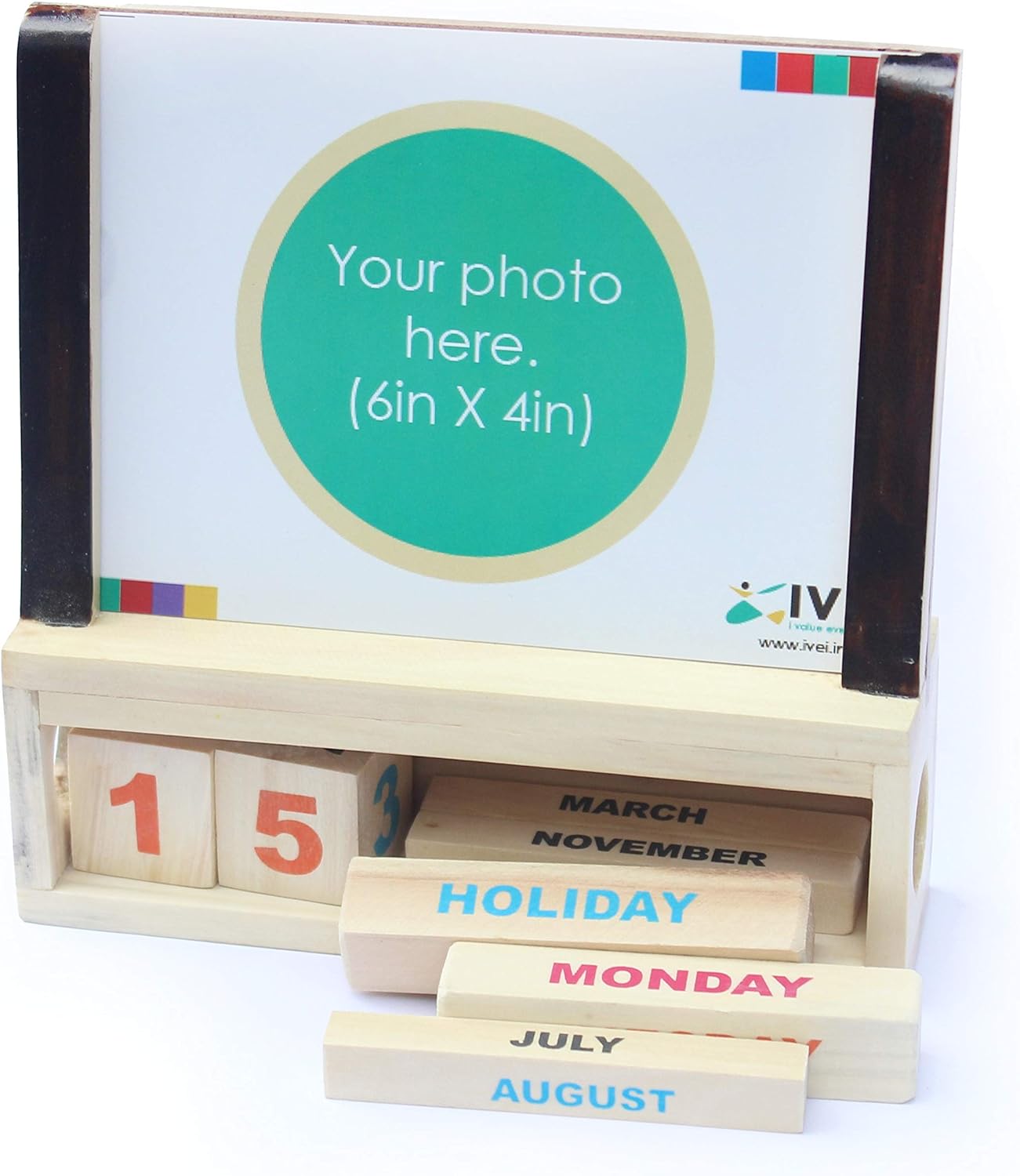 IVEI Wooden Desk Calendar with Photo Frame - Utility Desk Calendar - Wooden Perpetual Calendar Set for Desk Decor, Study Room- Endless Calendar with Photo Frame for Office, School, Home - Brown Finish