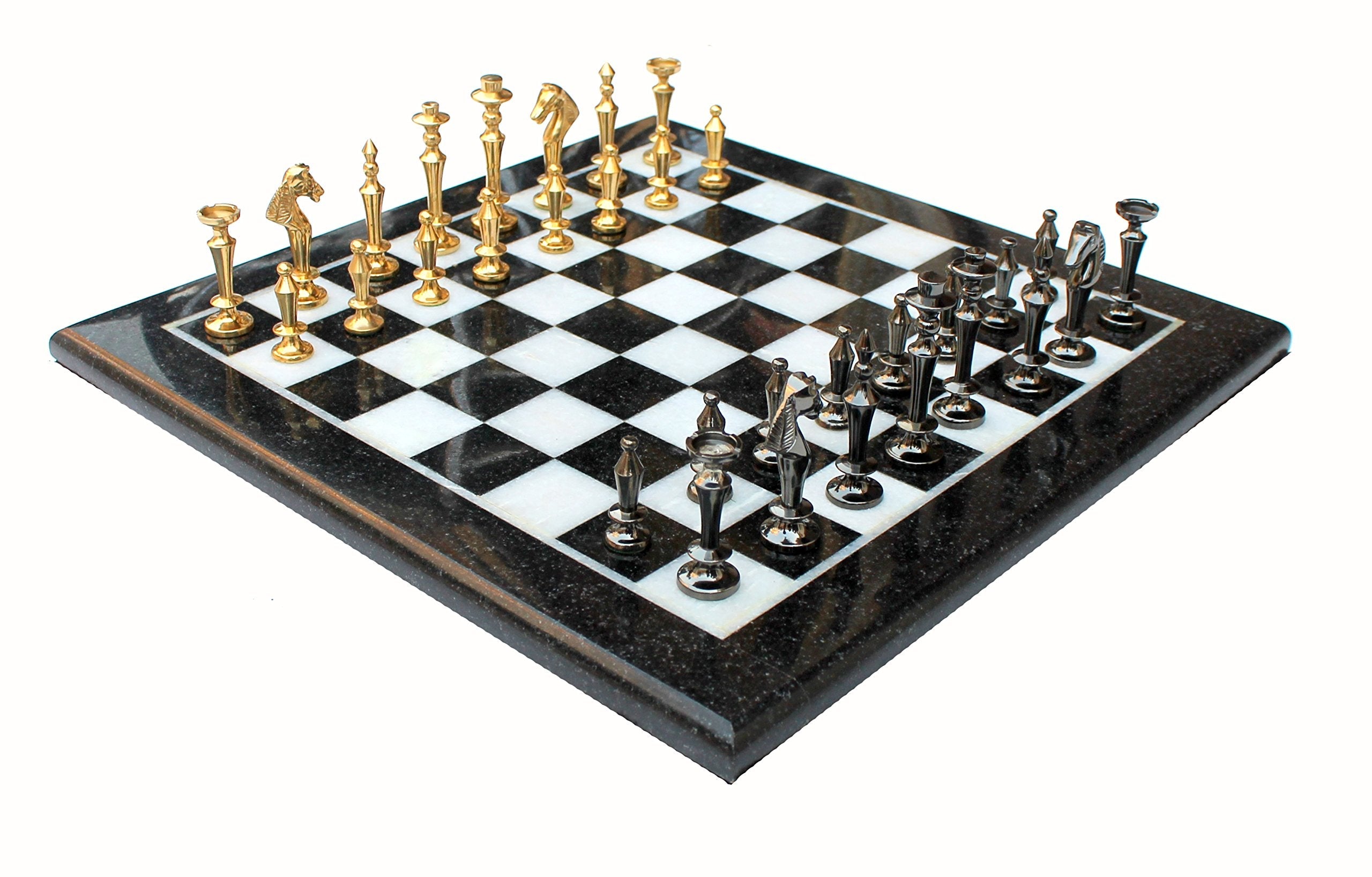 StonKraft Collectible Black & White Marble Chess Board Set + Brass Crafted Chess Pieces Pawns - Decorative Stone Chess - Home Decor - 15" Inches