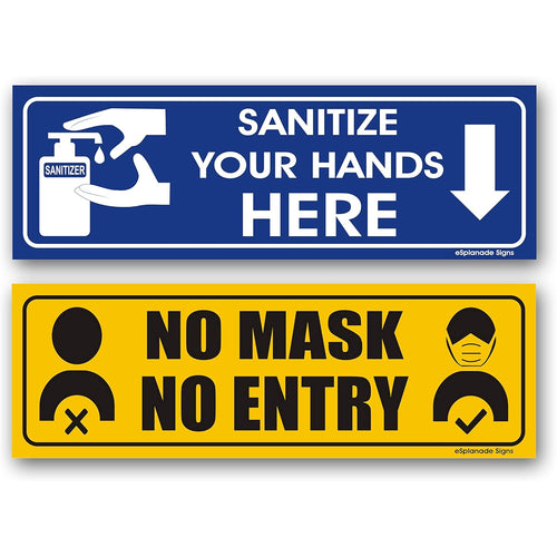 eSplanade1pc No Mask No Entry and 1pc Sanitize Sign Sticker Decal - Easy to Mount Weather Resistant Long Lasting Ink Size (9