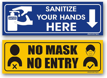 eSplanade1pc No Mask No Entry and 1pc Sanitize Sign Sticker Decal - Easy to Mount Weather Resistant Long Lasting Ink Size (9" x 3")